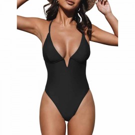 CUPSHE Women Swimsuit 1 Piece Bathing Suit Deep V Neck Crisscross Back Adjustable