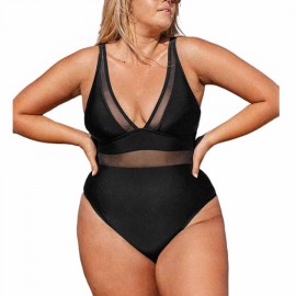 CUPSHE Women Plus Size One Piece Swimsuit V Neck Mesh Sheer Tummy Control Bathing