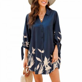 Women Floral Shirt Beach Cover Up Dress 3/4 Sleeve Cuff Tie