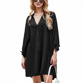 Women Shirt Mini Beach Cover Up Dress 3/4 Sleeve Cuff Tie