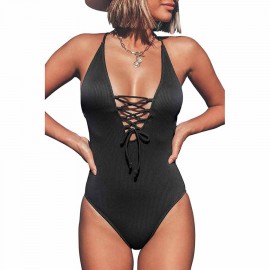 CUPSHE Women's Solid Color V neck Lace Up One Piece Swimsuit