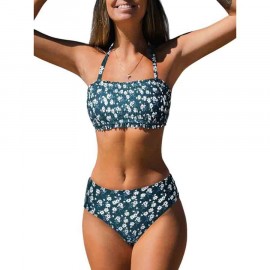 CUPSHE Bikini Set for Women 2 Piece Swimsuit Bandeau Top Back Tie Mid Waisted Bottom