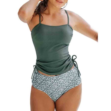 CUPSHE Women's Tankini Set 2 Piece Swimsuit Ruched Drawstring High Waisted Bottom Rib