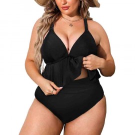 Plus Size Bikini Set 2 Piece Bathing Suit V Neck High Waisted