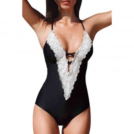 Women One Piece Vintage Lace Deep V Neck Cutout Swimsuit