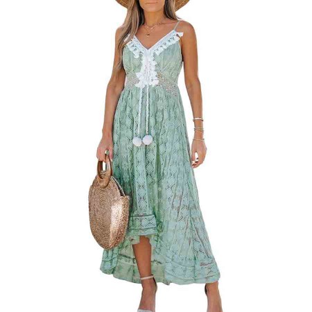 Maxi Dress Lace Dresses Boho Tassel V-Neck Flare Ruffle