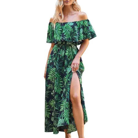 CUPSHE Beach Dress Off Shoulder Short Sleeve Flounce Bodice Slit Hem Maxi Summer Dresses